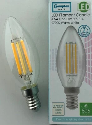 6.5 = 60 WATT CROMPTON LED Candle Filament Clear NON Dim 6.5W  2700K  SES 12783 - Image 1 of 4