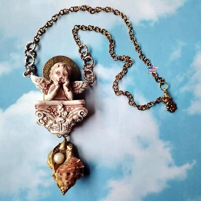 Necklace Winged Angel Cherub Talisman Baroque Pendant Amulet Shell Charm Jewelry - Image 1 of 4
