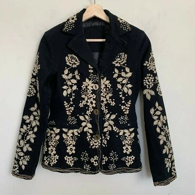 Paparazzi by Biz Black Jacket Beige Embroidered Leaf Design Rhinestones Size XS - Image 1 of 4