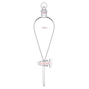 500ml,24/29,Pyriform Separatory Funnel,Straight Drop Tube,Glass Stopcock Stopper - Picture 1 of 7