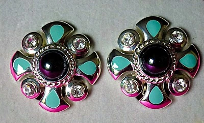 🐿️Ohrringe Clip glänzend rhodiniert, Emaille türkis + Kristall+Perle schwarz - Bild 1 von 3