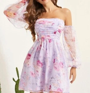 SBetro Lantern Sleeve Ruched Bodice Floral Mesh Dress Women's-M - Picture 1 of 7