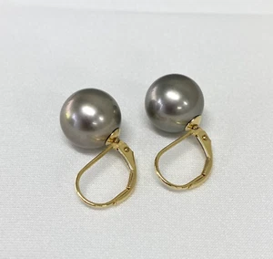 Leverback 11.3mm Round Tahitian Saltwater Pearl Earrings 14K Solid Yellow Gold - Picture 1 of 8