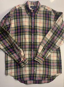 Vtg POLO RALPH LAUREN Men’s Multicolored Tartan Plaid 100% Linen Shirt Size L - Picture 1 of 5