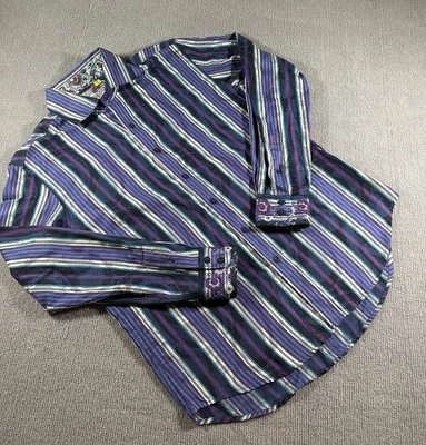Camisa grande con botones Robert Graham para hombre a rayas púrpura negro puño abatible Foto 1 de 4