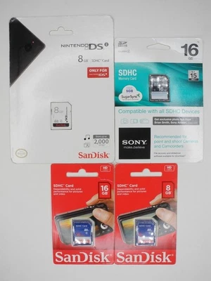 NEW Lot Of 4x SanDisk / Sony 8GB / 16GB SDHC Camera Memory Cards - Image 1 of 4