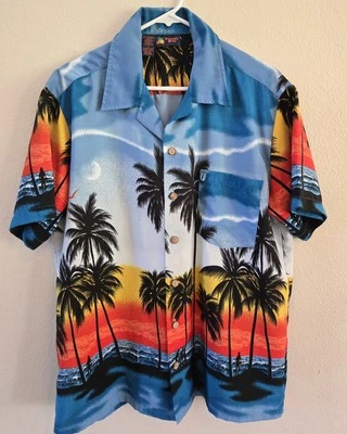 Camisa De Colección Años 90 Roundy Bay Grande Colorida Palmera, Playa Escena Hawaiana Usada en Excelente Condición Foto 1 de 4