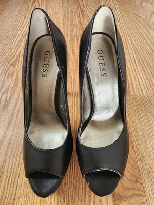 Guess Stilettos Platform Leather Pumps Women's Size 7 M Black Peep Toe Heels  - Image 1 of 4