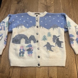 Vintage Eddie Bauer Winter Cardigan Women's L Wool Sweater Penguins Igloo 1990 - Picture 1 of 11