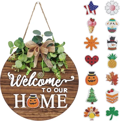 Interchangeable Seasonal Welcome Sign Front Door Decoration, Rustic round Wood W - Image 1 of 4