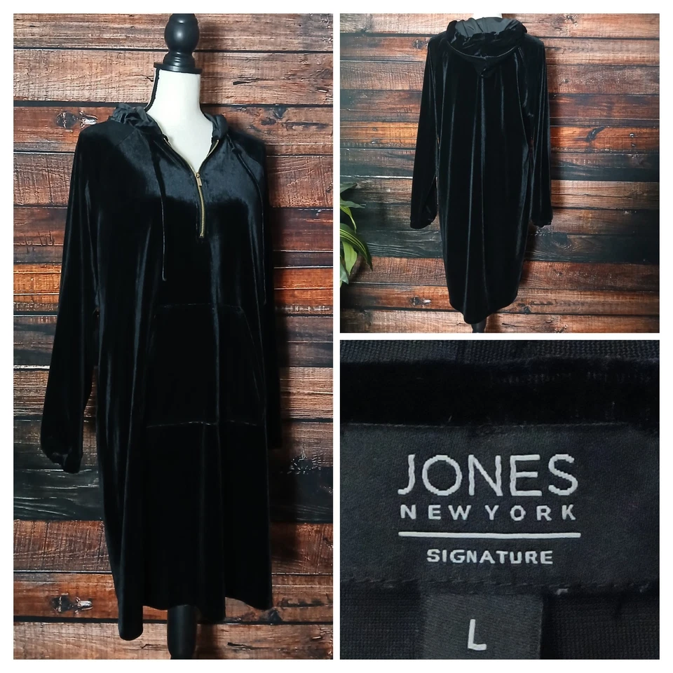 Jones New York Túnica Sudadera con Capucha Talla L Negro Terciopelo Cuarto Cremallera Capucha Top Largo Foto 1 de 4