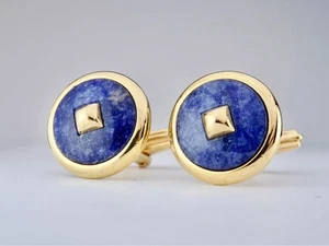 lanvin lapis lazuli round brass cufflinks men's cuff buttons blue gold luxury - Picture 1 of 7
