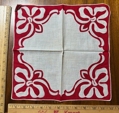 Vintage Handkerchief Hanky Red White Floral Design Rolled Edge - Image 1 of 2