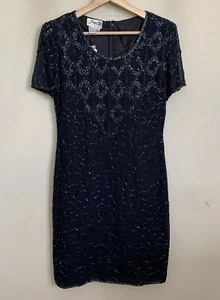 JMD Nueva York Vestido Vaina Negro Cuello Redondo Cuentas Iridiscentes Mangas Cortas P6 NUEVO - Imagen 1 de 11