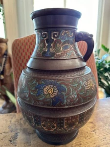 ANTIKE JAPANISCHE GROSSE BRONZE EMAILLIERTE VASE CLOISONNE INTARSIEN DRACHENGRIFF 14" T - Bild 1 von 14