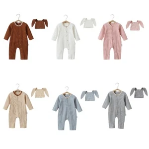 Newborn Baby Long Sleeve Cotton Romper with Hat Button Waffle Clothes with Cap - Picture 1 of 12