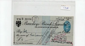 Cheque - (CH1718) - used -1940's - Barclays Bank, Llanwrtyd Wells - Picture 1 of 1