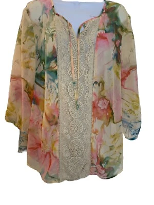 Chicos Talla 3 Estampado Artístico Tinte Boho Campesino Encaje Top Corbata Frontal Manga Larga (11) Foto 1 de 4