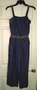 Cat & Jack Girls Denim Jumpsuit Gold Thread Elastic Waist Ruffle Size XL 14-16 - Picture 1 of 9
