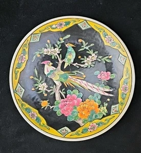 VINTAGE Japanese Meiji Taisho Peranakan Plate BIRD of paradise BLACK yellow PINK - Picture 1 of 9