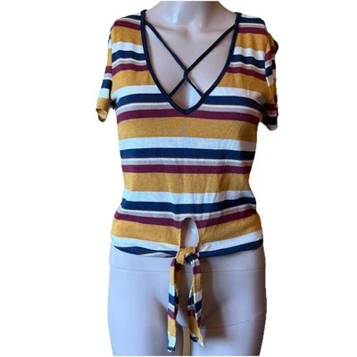 Camiseta Top Vintage Gaze EE. UU. Cuello en V Corbata Frontal Manga Corta Talla M Rayas Foto 1 de 4