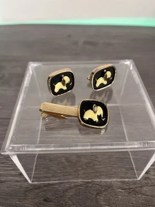 Vintage MCM HICKOK Enamel Yellow ELEPHANT Cufflinks & Tie Clip silver tone Set - Picture 1 of 3
