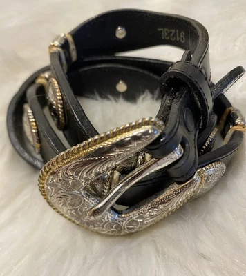 Tony Lama Western Boho Cowgirl Black Leather Concho Belt Silver & Gold 30 Size S - Image 1 of 4