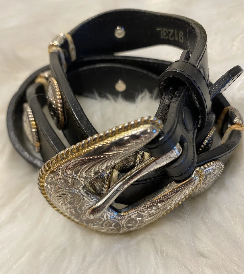 Tony Lama Western Boho Vaquera Cuero Negro Concho Cinturón Plateado y Dorado 30 Talla S Foto 1 de 4