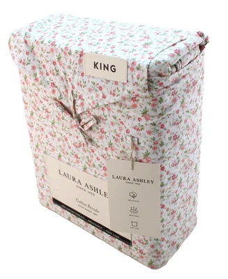 Novo com etiquetas conjunto de lençóis de algodão percal floral rosa/verde Evie King Size Laura Ashley - Imagem 1 de 4