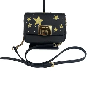 Michael Kors Illustration Star Tina Clutch Crossbody Small Purse Black Gold - Picture 1 of 17