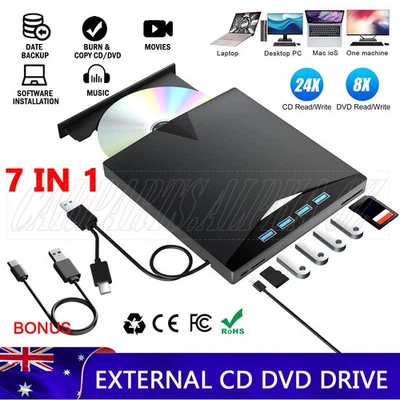 7 in 1 External CD/DVD Drive Burner For Desktop Laptop Mac PC Windows Linux AU - image 1 of 4