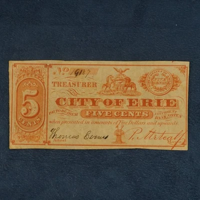 1860'S 5c City of Erie, PA Obsolete Note- Free Shipping USA - Image 1 of 4