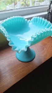 Vintage Fenton Atemberaubende Rüschenkante Grün Standschale Kompott TÜRKIS 9 Zoll - Bild 1 von 5