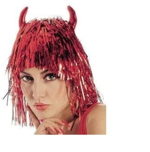 Halloween WIG WITH HORNS- Devil - Red - Picture 1 of 4
