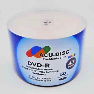 600x ACU-DISC DVD-R 8X 4.7GB White Full Face Inkjet Printable Blank Discs 120Min - Picture 1 of 2
