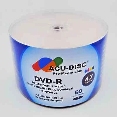 600x ACU-DISC DVD-R 8X 4.7GB White Full Face Inkjet Printable Blank Discs 120Min - Image 1 of 2
