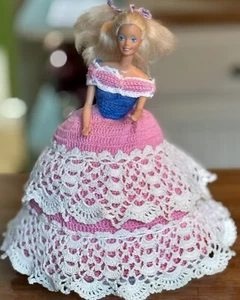 VTG 1966 Barbie Doll Handmade Crochet Southern Belle Ball Gown Dress Pink Blue - Picture 1 of 20