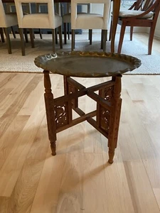 Mid Century Modern MCM Round Brass Asian Folding Platter Moroccan Table Vintage  - Picture 1 of 10