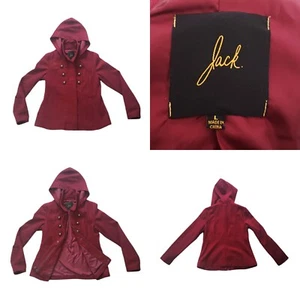 Jack. Pea Coat Hooded Burgundy Full Zip Button Front Wool Blend stylish jacket L - Picture 1 of 9
