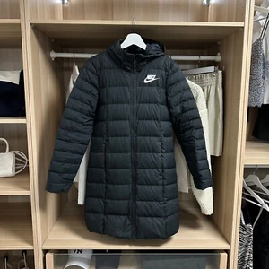 Nike Womens Down Puffer Coat Size S Black Mid Length Logo Swoosh Hooded. - Picture 1 of 8
