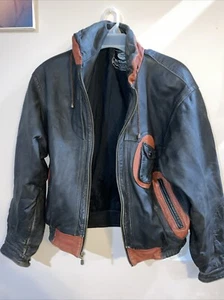 Vintage BlackandBrown Leather Bomber Jacket 80s Small Men Or Women - Picture 1 of 21