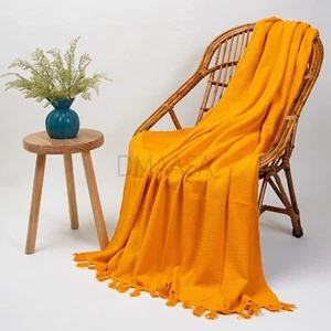 Solid Plain Orange Hand Dyed Throw Indian Handmade Cotton Sofa Couch Blanket - Picture 1 of 6