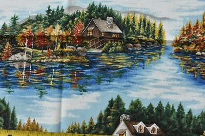 35" Long, Large Lakefront Scenes on Blue Quilt Fabric/RJR/Whispering Pines,C2567 - Image 1 of 4