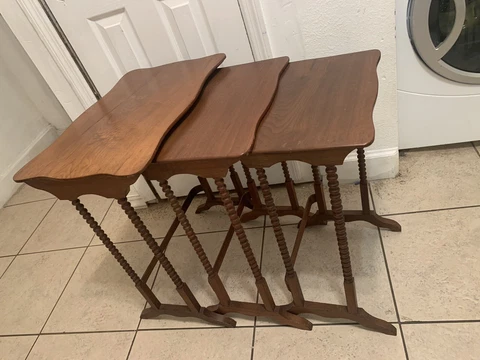 Antique 1800 Wood Twist Legs Nesting Stacking Side Tables set of 3 Cover