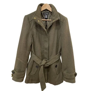 Nicole Miller Women Wool Blend Pea Coat Belted Lined Green Trench M* Fits Like S - Picture 1 of 10