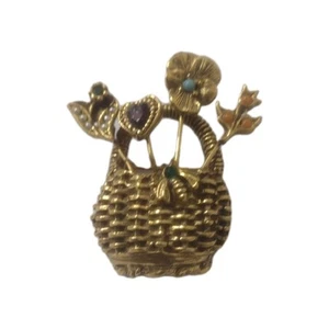 Goldette Flower Basket Rhinestone Gold tone Pin Brooch Vintage  - Picture 1 of 5