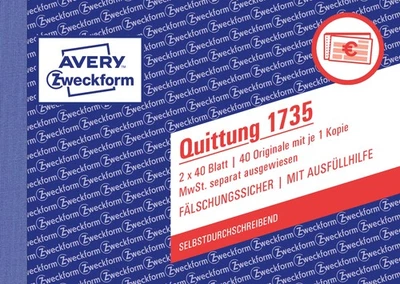 AVERY ZWECKFORM 1 Zweckform Quittungsblock 1735 A6 Quittung 2x 40 Blatt AVERY fälschungssicher