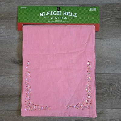 Sleigh Bistro Christmas Linen Candy table runner  14"x72" Beaded Confetti PINK - Image 1 of 4