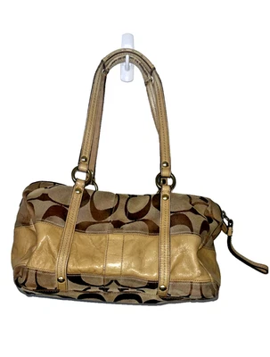 Coach Signature Stripe Gold Brown/Pink Patent Leather Satchel Purse - Image 1 of 4