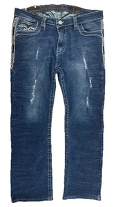 Rock Revival Men's 36x27 Zachary Straight Jeans Distressed Blue Denim - Picture 1 of 16